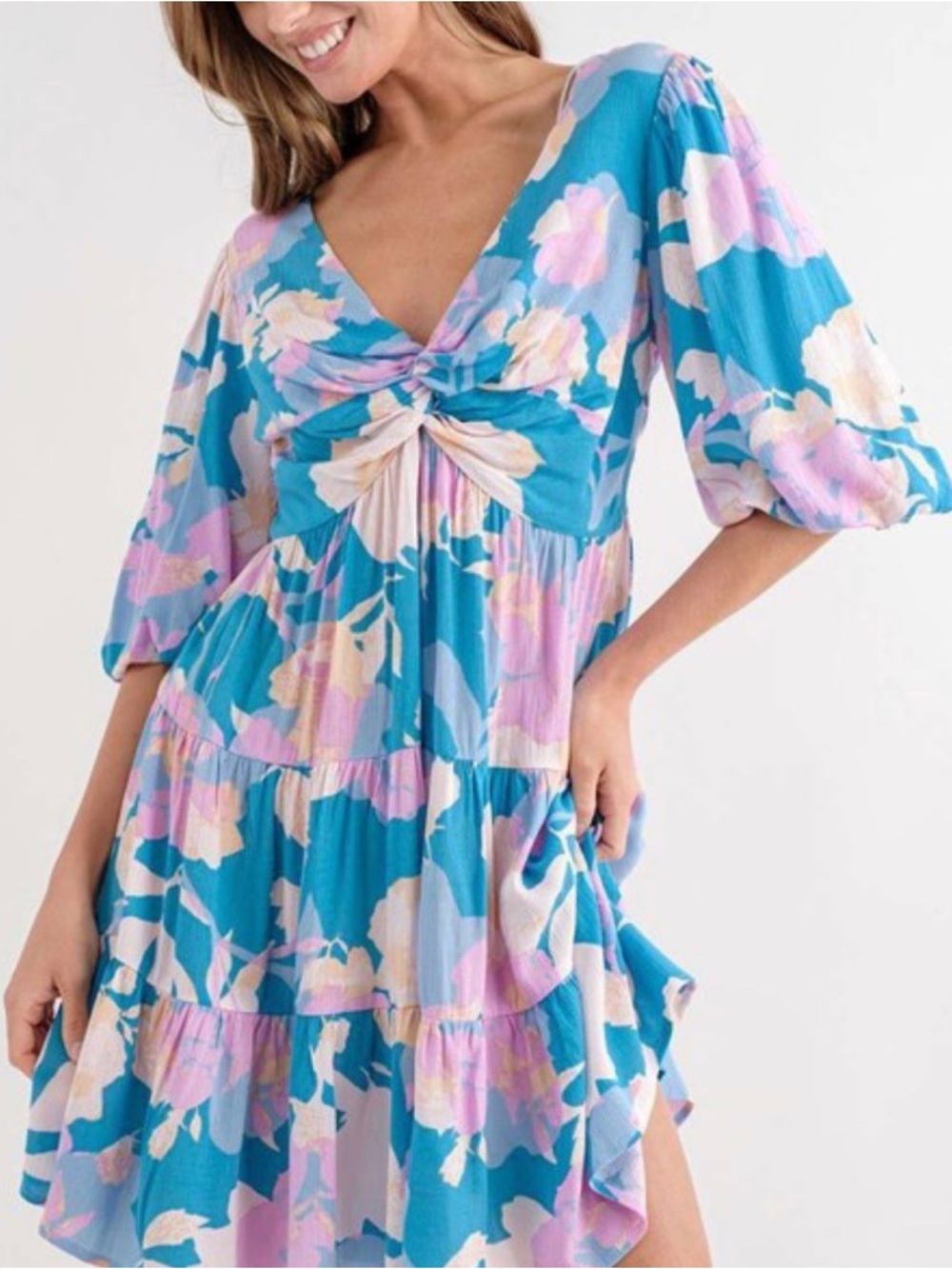Mahina Blue Tropical Floral Twist-Front Tiered Dress *Sunset Beach Hawaii Spring